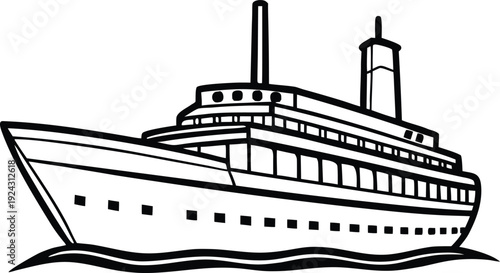 A ship sailing on the sea, drawn in black and white