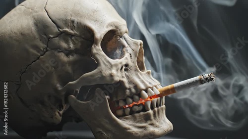 Human Skull Model with Lit Cigarette Burning, Emitting Rising Smoke Against Dark Background