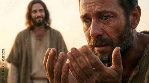 Man crying seeking divine intervention with Jesus in the background, a moment of profound faith. Religion, spirituality, prayer, Catholicism.