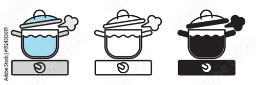 Boiling icon set in line and solid color style with editable stroke, isolated on transparent background. Minimal pot on cooker with steam symbols. Ideal for food packaging and kitchen design.