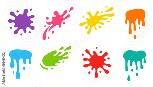 Color paint splash collection with drips, blots and splats on dark background, featuring purple, orange, cyan, yellow and red stains. Bold accents for music flyers, branding and prints.