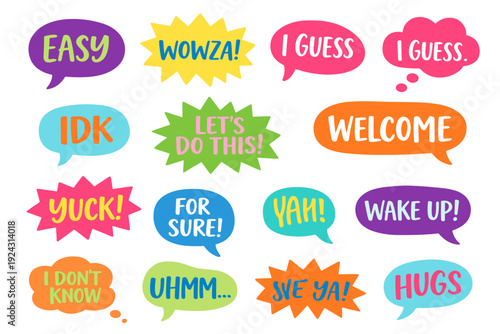 Cute typography speech bubbles with reactions: easy, wowza, i guess, idk, let's do this, welcome, wake up, yuck and hugs, modern chat sticker collection.