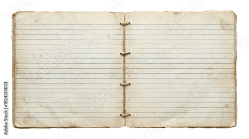 Quadro su tela Open blank vintage notebook with lined paper pages bound with twine, old diary on a transparent background