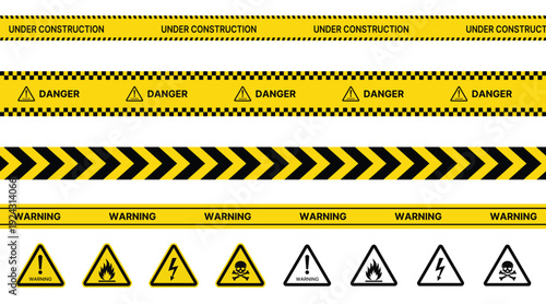 Collection of yellow and black safety warning tapes, hazard stripes, and universal caution signage vectors for construction zones.