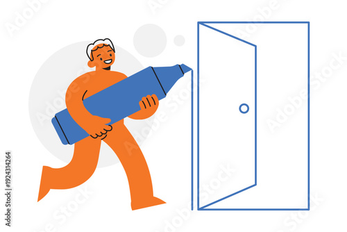 Man Using Giant Marker to Draw Door Representing New Opportunities and Future Possibilities Concept. Character Vector illustration design.