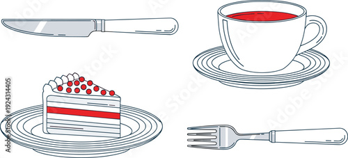 Delicious Layered Cake Slice with Red Berries served on Plate beside Hot Cup of Tea and Elegant Silverware Cutlery Set