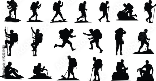 Large Collection of Hiker and Mountaineer Silhouettes in Various Poses Including Climbing Running Walking Resting and Using Trekking Poles Outdoor