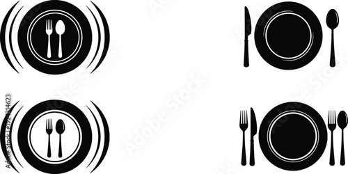 Large Collection of Professional Restaurant and Dining Line Icons Featuring Table Settings with Plates Cutlery Fork Knife and Spoon Symbols