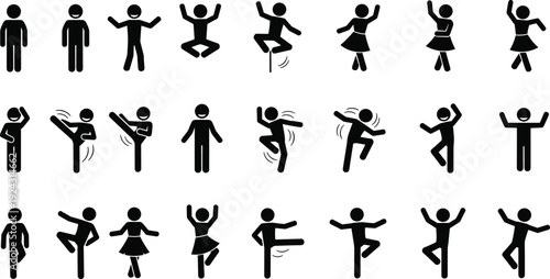 Large Collection of Stick Figure Silhouettes in Various Dynamic Poses Including Dancing, Jumping, Kicking, Standing, and Celebrating for Design Projects
