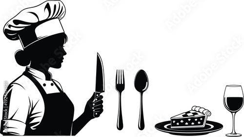 Professional Female Chef Silhouette Profile with Kitchen Knife Cutlery Set Slice of Pie and Wine Glass for Restaurant Menu Design