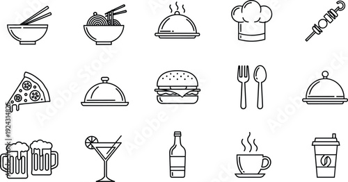 Large Set of Restaurant and Food Line Icons Featuring Pizza, Burgers, Noodles, Chef Hats, Beer Mugs, Cocktails, and Catering Service Symbols