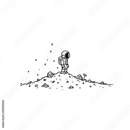 Astronaut standing on a rocky hill with debris looking around in a desolate space environment with a sense of isolation and exploration