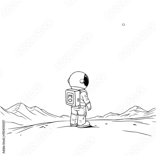 Lone astronaut stands on desolate alien moonscape gazing at distant celestial body under vast empty sky conveying exploration isolation and the unknown future of space travel