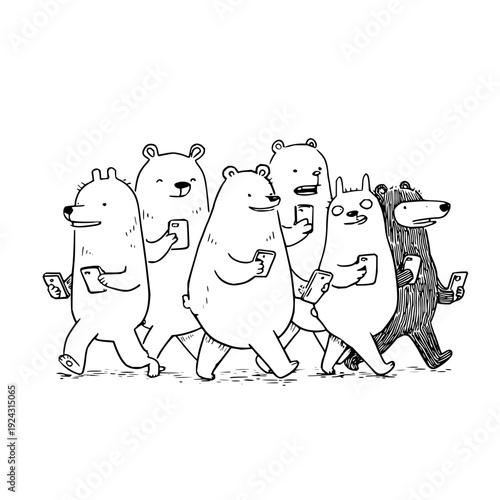 Whimsical black and white hand drawn illustration of a group of diverse anthropomorphic bears walking together each engrossed in their individual smartphones set against a clean