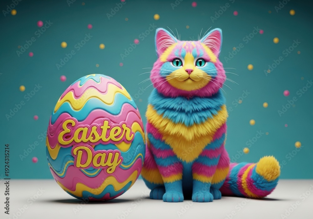 Naklejka premium Colorful cat sitting next to a decorated easter egg on the floor
