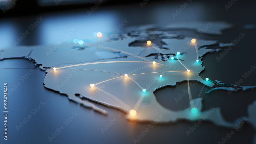 Obraz premium An illuminated map of North America shows a global network of connected cities.
