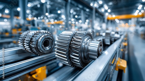 Shiny metal gears on drive shaft operate in large modern factory