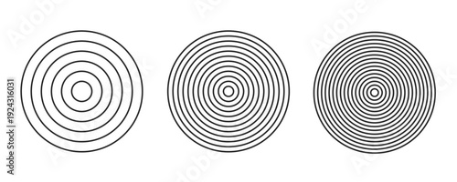 Black concentric circle set. Sonar or sound wave ring collection. Dotted and linear epicentre, target, radar icon concept. Ripple radial signal or vibration elements.