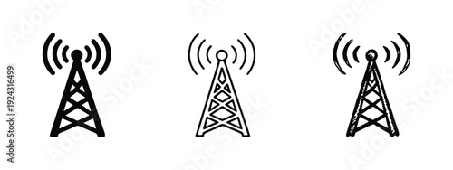 Communication tower icons set in solid, outline, and hand-drawn styles, symbolizing connectivity, broadcast, and wireless technology.