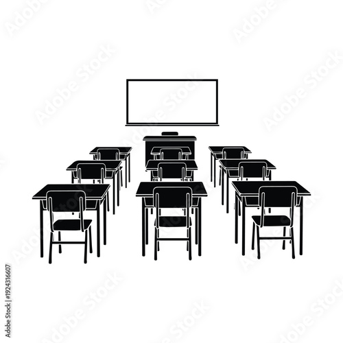 A simple black and white illustration of a classroom with desks and a board