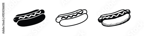 Hotdog Icon Set - Three Styles of Outline, Solid, and Hand-Drawn Fast Food Symbol, Vector Illustration