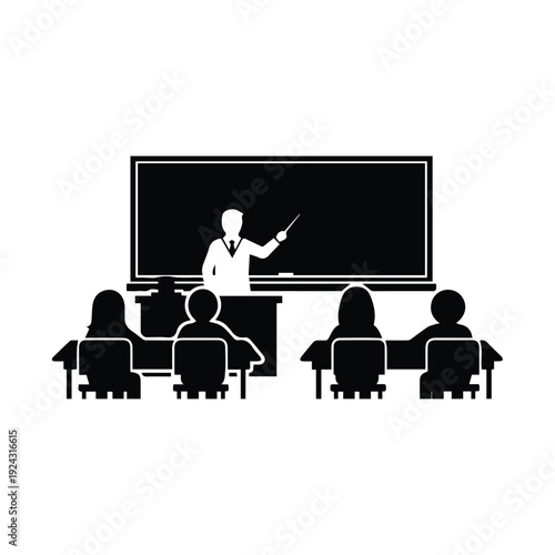 A teacher lecturing students in a classroom setting depicted in silhouette