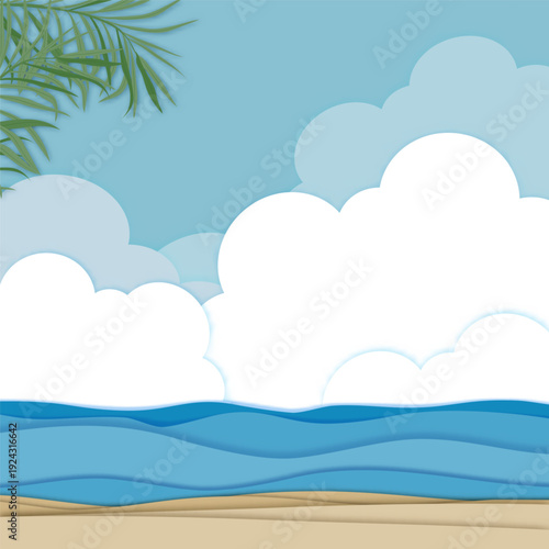 Sky blue,Sea Sand Beach Background,Paper art tropical brown beach sandy with layered blue ocean waves,white clouds,palm leaves.Vector Holiday Summer seaside, soft 3D paper craft design,copy space 