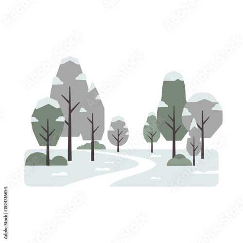 Winter park pathway minimal flat vector illustration