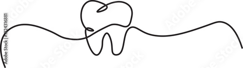 A minimalist line drawing of a tooth with a dental floss thread