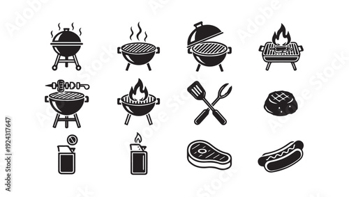 Barbecue Grill Icon Set: Grills Steak Hot Dog Utensils Lighter Drink