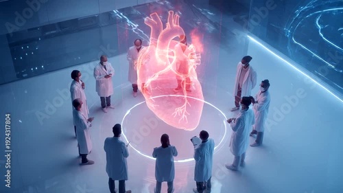 Medical Team Collaborates on Holographic Heart Scan in Futuristic Lab.