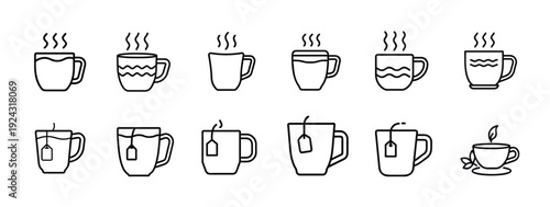 Tea cup and coffee mug line icon set with hot drink steam, herbal bag, morning breakfast caffeine, ceramic handle pottery, green leaf infusion more vector illustration or editable stroke.