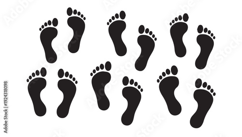 Black Footprints Walking Pattern Isolated on White Background