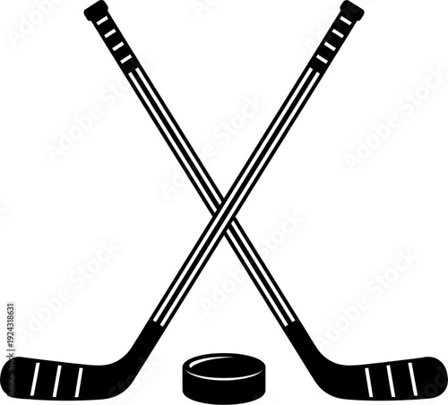 Crossed hockey sticks with puck below, ice hockey equipment symbol, sports team emblem, winter sport icon monochrome clipart