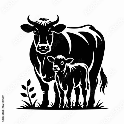 Mother cow and her calf grazing in a serene pastoral setting isolated on white background, Vector, illustration