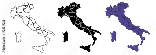 A set of maps of Italy with prefectural boundaries, drawn in three styles.