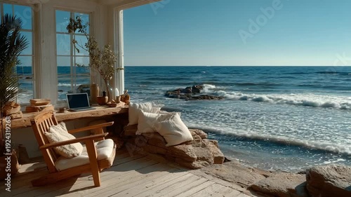 Serene Coastal Workspace Overlooking Ocean Waves