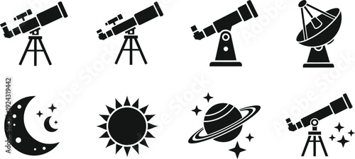 Astronomy icon set featuring telescopes sun moon planets and stars for space and science related designs
