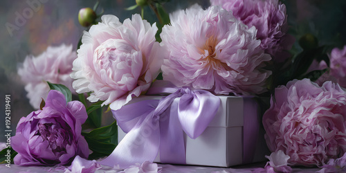 A beautiful gift box adorned with ribbon and blooming peonies, ideal for Mother's Day and March 8 elegant greetings.