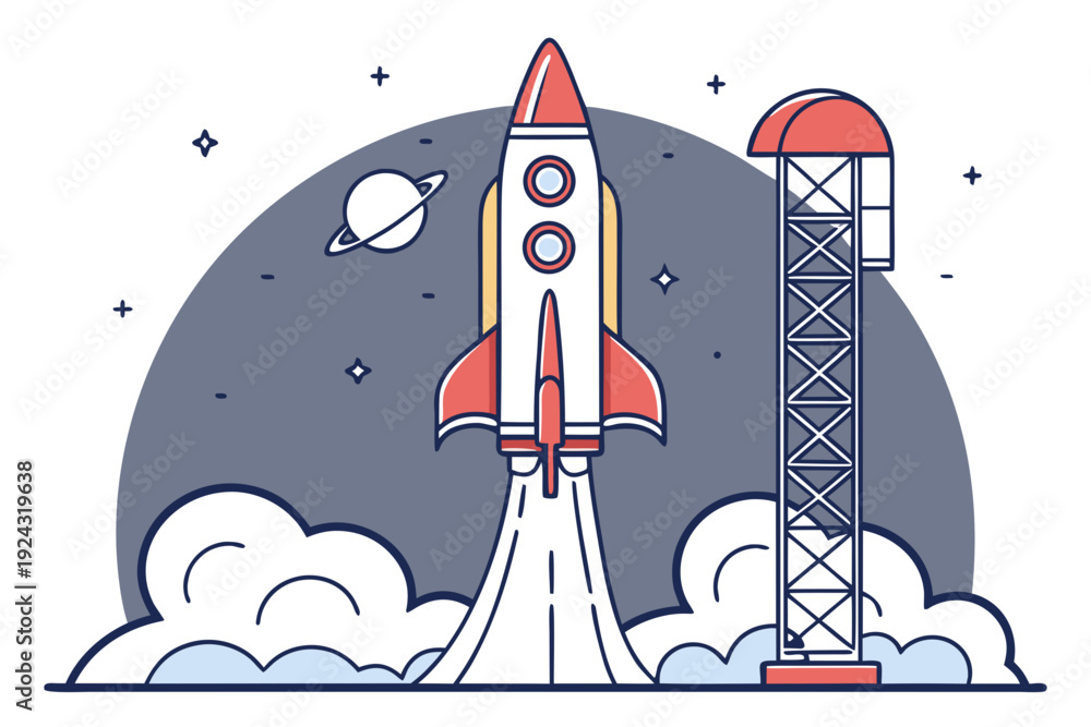 Fototapeta premium Rocket Launching into Space with Planet and Stars.