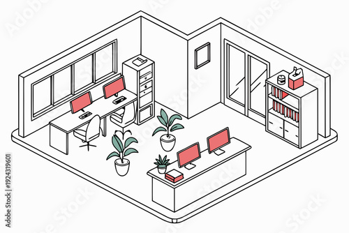 Modern Isometric Office Interior Design Illustration with Desks and Computers.