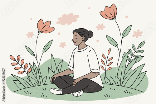 Peaceful Woman Meditating in Nature Illustration.