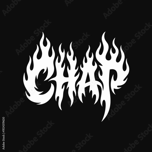 Stylized flaming text logo with the word chaos prominently displayed isolated on white background, Vector, illustration