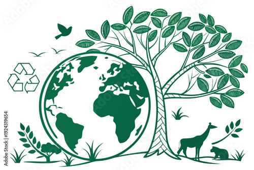 Sustainable Green Earth with Flourishing Tree and Recycling Symbol.