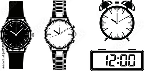 Collection of various timepieces including watches, alarm clock, and digital display vector illustration