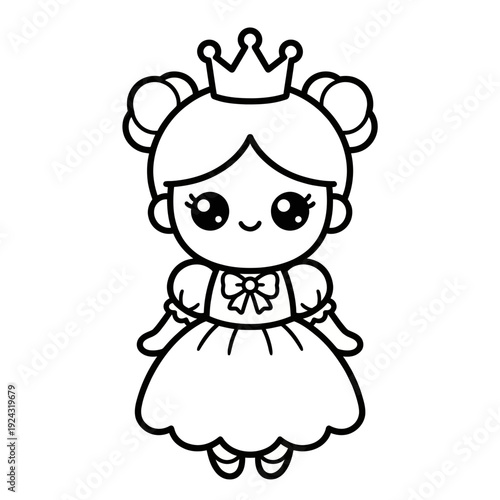 Cute cartoon character dressed as a whimsical fairy-tale princess in a dress isolated on white background, Vector, illustration
