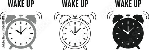 Three Ringing Alarm Clocks with 'WAKE UP' Text, Vector Illustration on White Background