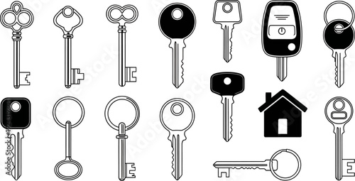Diverse collection of keys and house icon vector illustration on white background