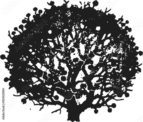 black silhouette of a large leafy tree with dense branches and round foliage in artistic
