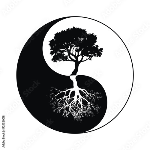 Yin and yang symbol with tree roots representing balance and growth in nature isolated on white background, Vector, illustration